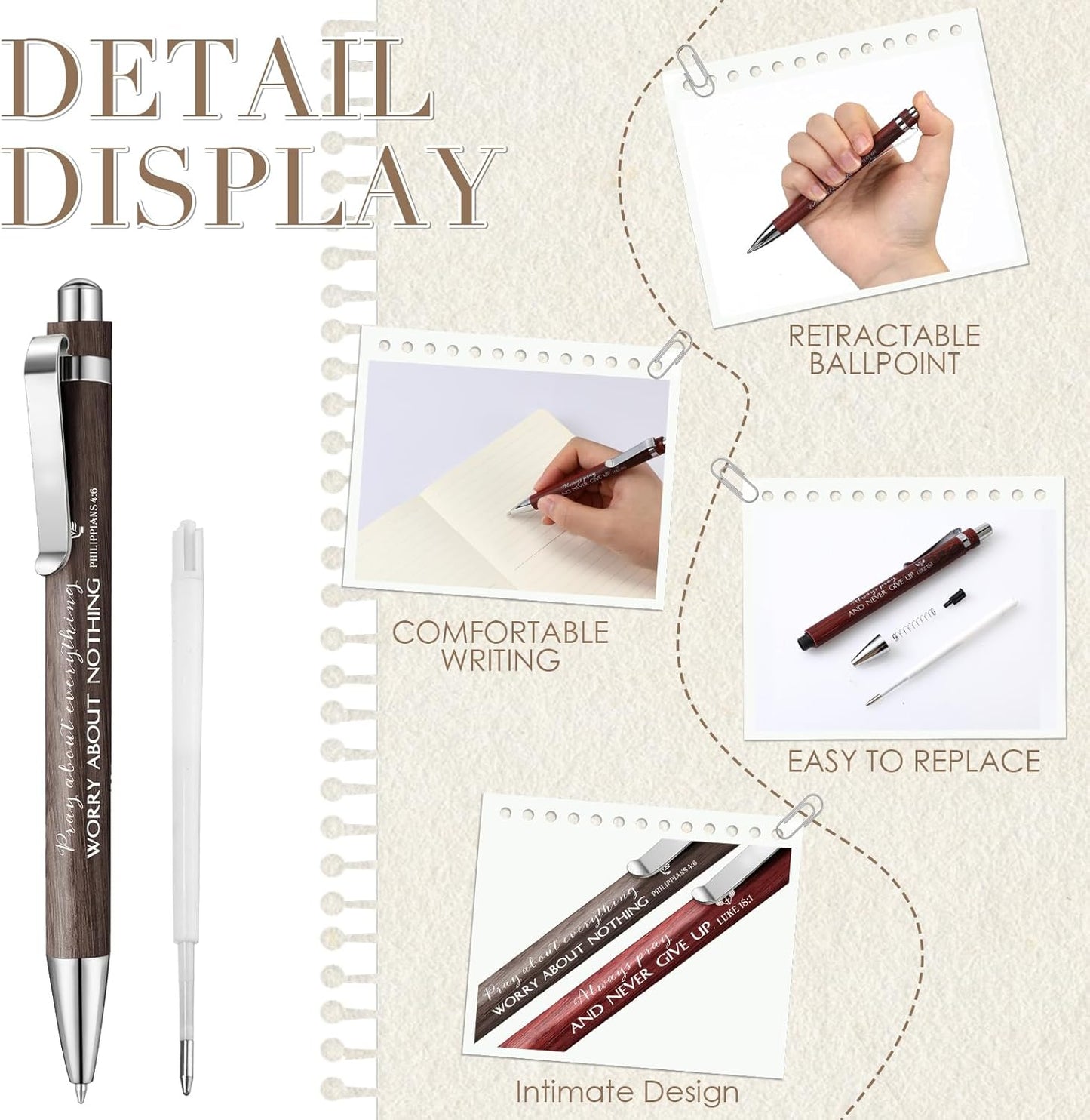 50 Pack Bible Verse Bamboo Retractable Ballpoint Pens Christian Inspirational Bible Verse Ballpoint with Black Ink Pen for Journal Writing Office Supplies Religious Gifts for Men Women(Wood Color)