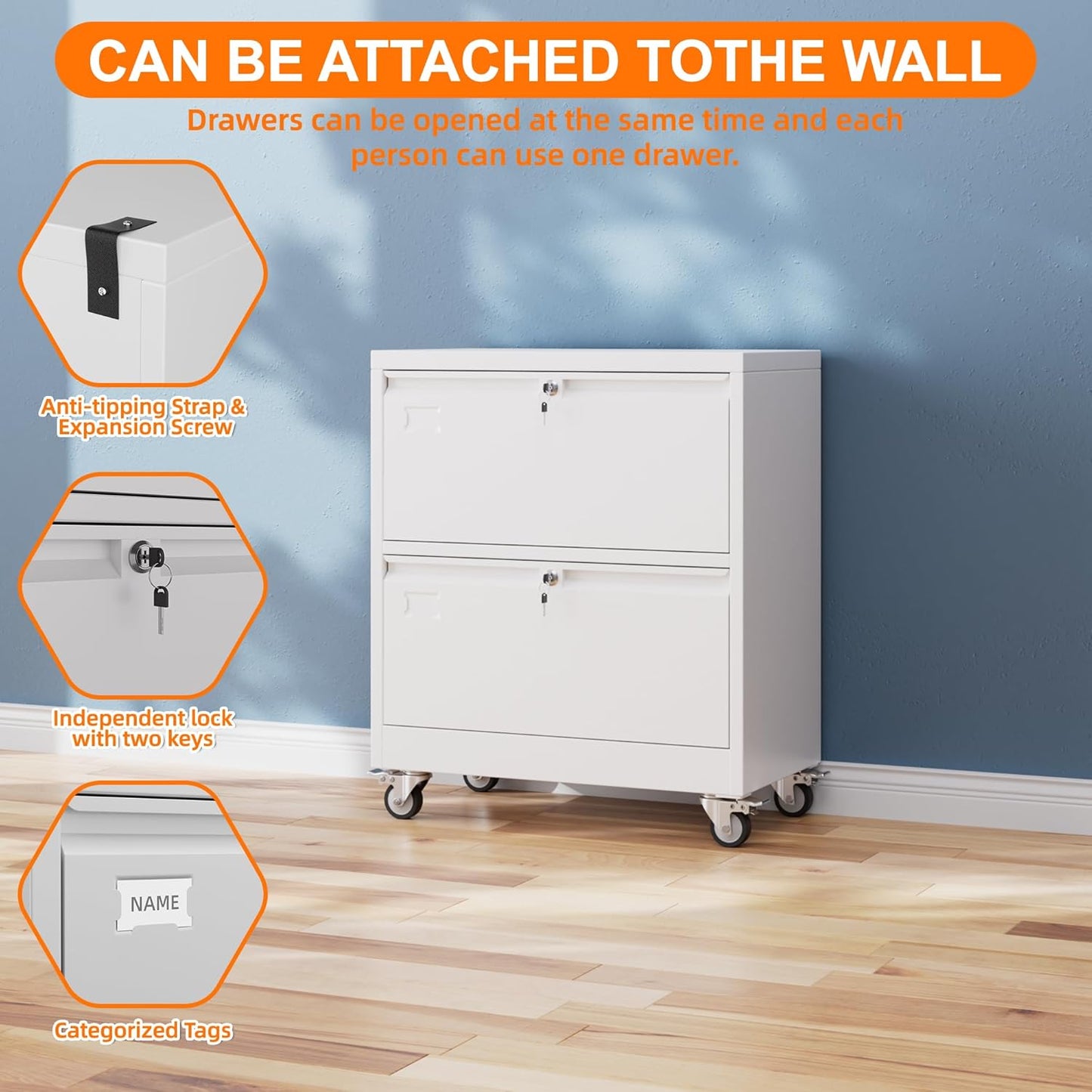 METAN Upgrade 2 Drawers Lateral File Cabinet on Wheels,Steel Office Filing Storage Cabinet with 2 Locks,Assembly Required,White