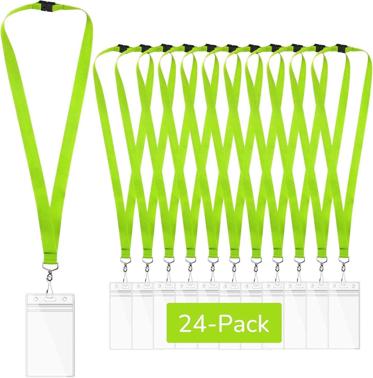 24-Pack Apple Green Breakaway Lanyards with Waterproof Badge Holders, Metal Hook, Polyester Neck Straps for ID Cards, Events, Office, and Schools