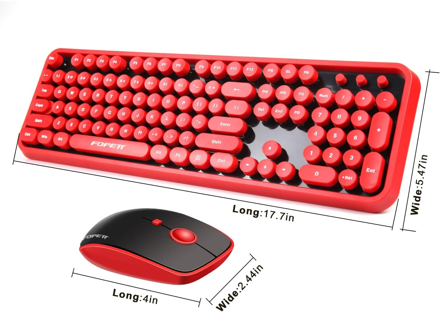 FOPETT Wireless Keyboard and Mouse Combo, 104 Keys Full-Sized 2.4 GHz Round Keycap Colorful Keyboards, USB Receiver Plug and Play, for Windows, Mac, PC, Laptop, Desktop (Black Red)