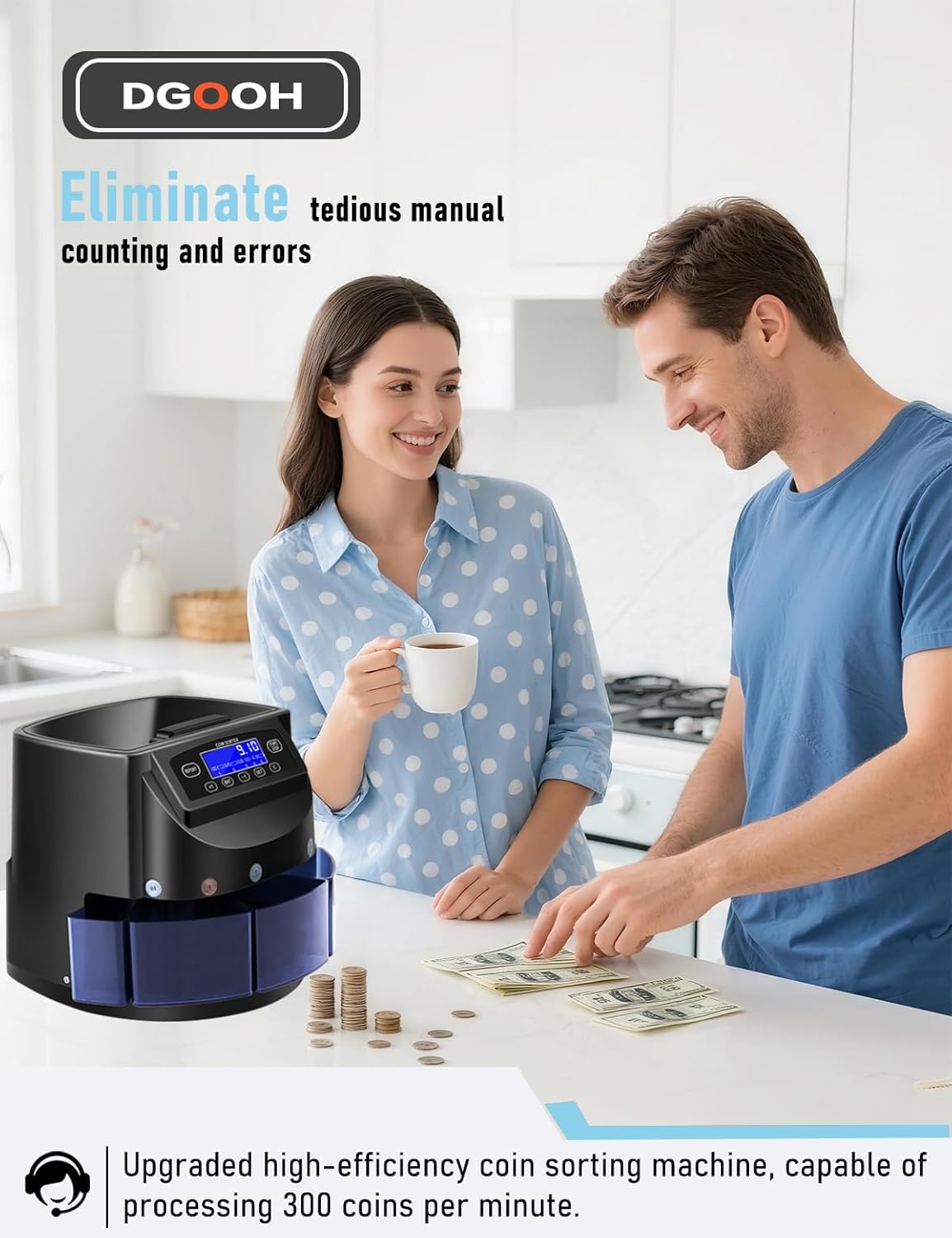 Coin Counter and USD Coin Sorter with LCD Display, 300-Coin Capacity, Automatic Change Counter for 1￠ 5￠ 10￠ 25￠ $1, 270 Coins/min,Coin Sorter and Wrapper Machine for Fast & Accurate Sorting