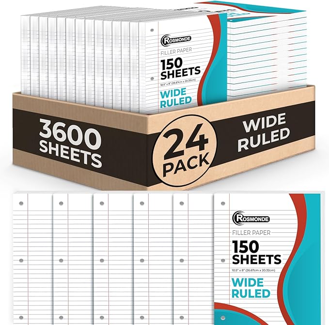 Bulk 3600 Sheets Loose Leaf Binder Filler Paper, Wide Ruled, Bulk Notebook Paper, 8 x 10.5", Loose Leaf Sheets, 3 Hole Punched, 24 Pack, 150 Sheets/Pack, Filler Papers, White