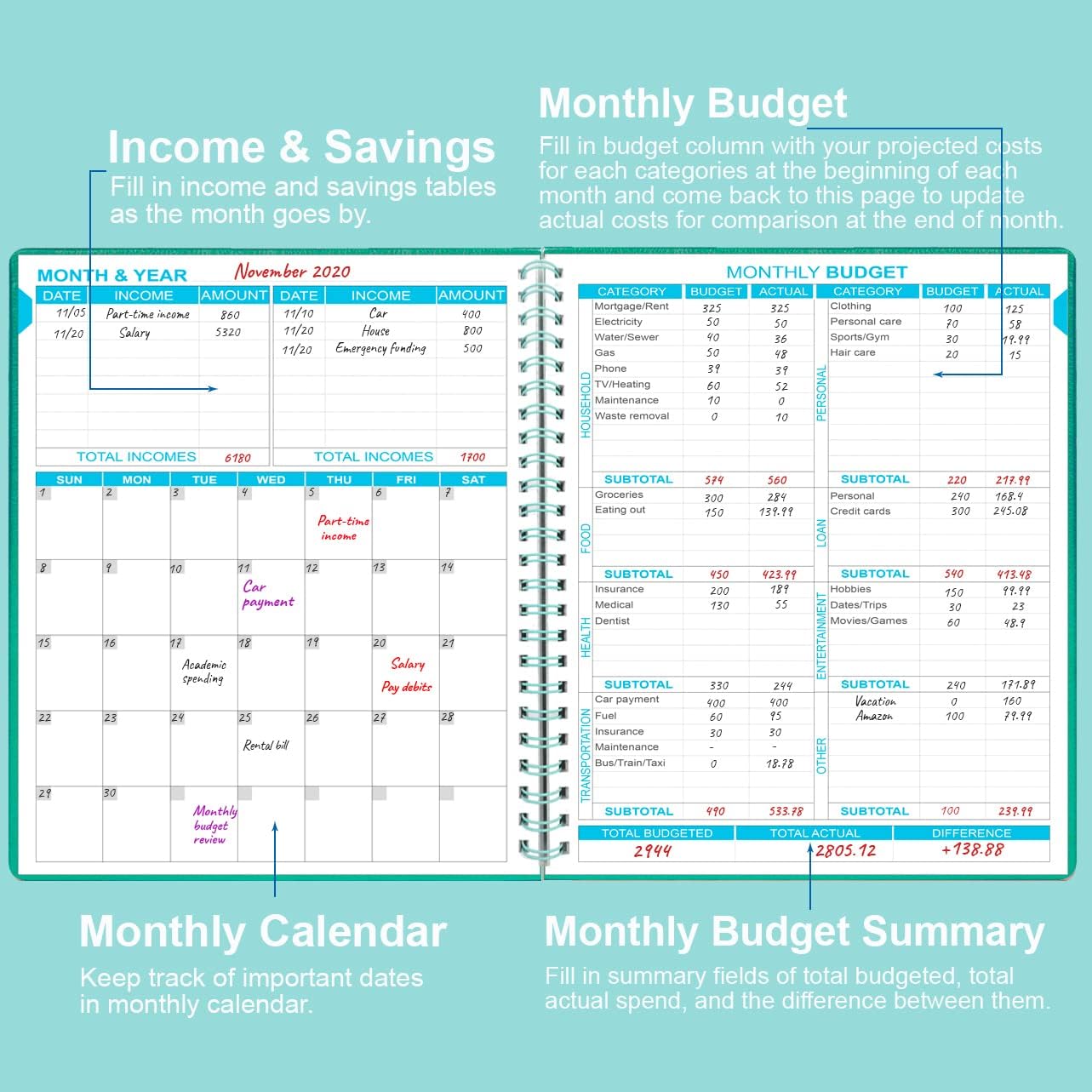 Budget Planner - 8" x 9.5" Monthly Budget Book with Expense Tracker Notebook, 2023-2024 Budgeting Book and Financial Planner to Control Your Money. Large Size, PU Leather, Teal
