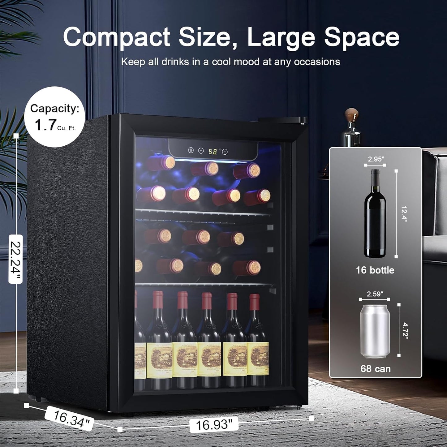 Antarctic Star Wine Cooler, Beverage Refrigerator,16 Bottle 68 Can Freestanding Wine Cellar Front Glass Door for Home and Bar, Digital Temp Control, Blue LED, 1.7 Cu.Ft.