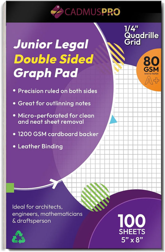 Graph Paper Pad 5x8 Inches, 1/4 Inch Quad Ruled 4x4 Grid, 80 GSM Thick Writing Pad, 50 Sheets Graph Notebook for Math, Engineering, Drafting, Architecture, Sketching, School & Office Supplies