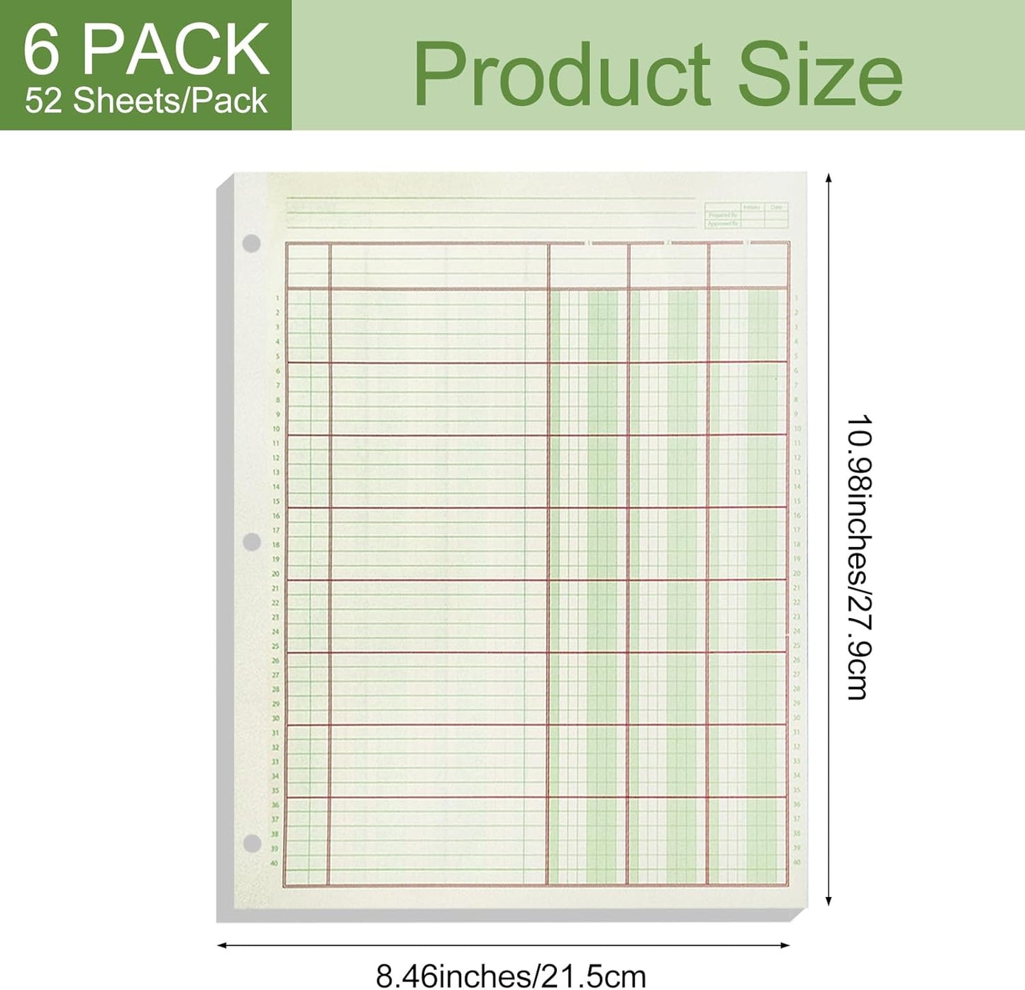 6 Pack 312 Sheets Analysis Pad Columnar Books 3 Hole Ledger Paper Pad 8.5 x 11 inch Columnar Pad Accounting Ledger Book for Business, 52 Sheets/Pack, Single Page Format, Green Red (3 Columnar)