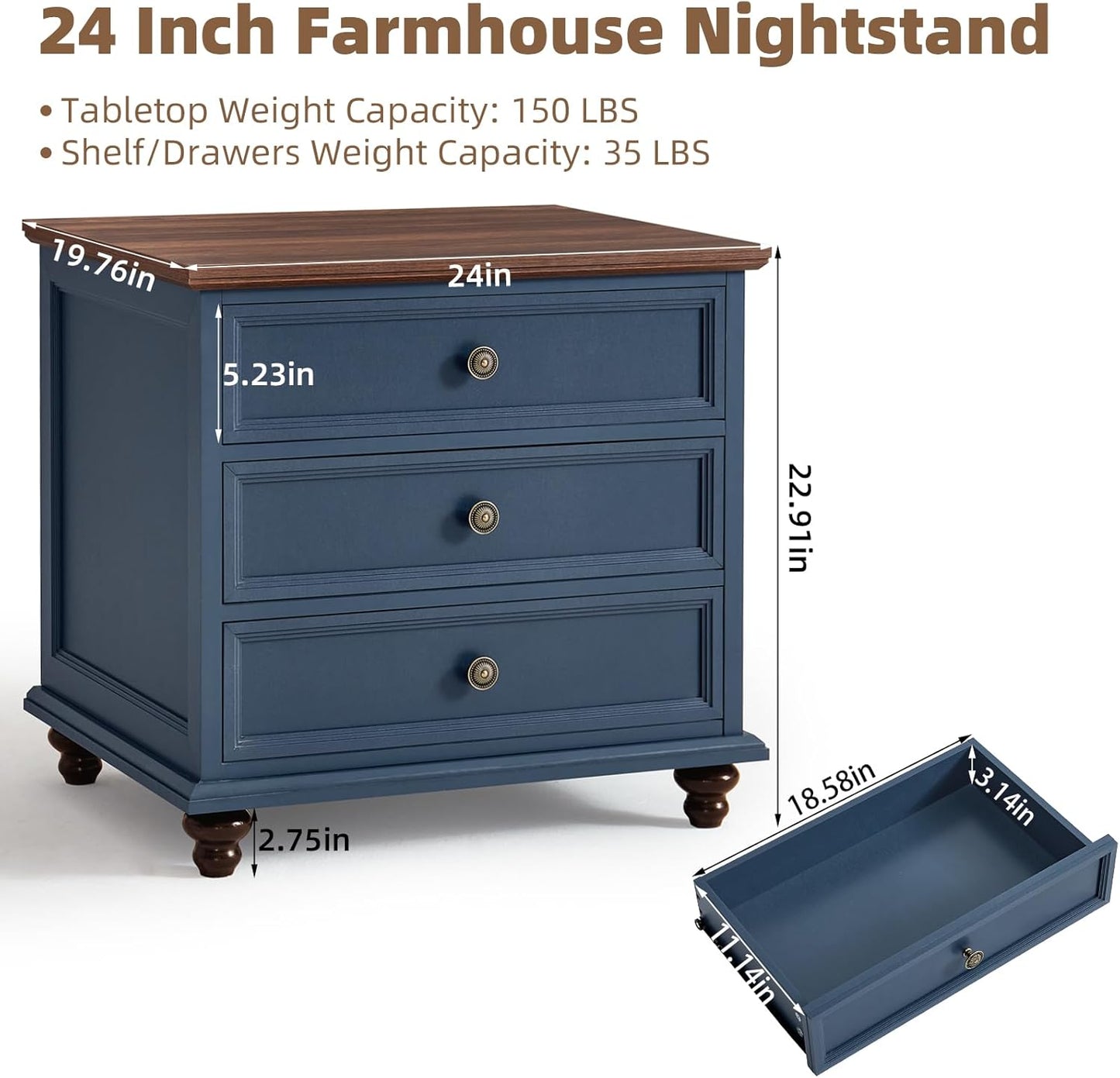24" Wide Farmhouse Night Stand,Large End Table with 3 Drawers & Metal Handle,Blue Wood Dresser for Bedroom Cabinet, Bed Side Tabl·e Chest of Drawers,Nightstand for Living Room,Close