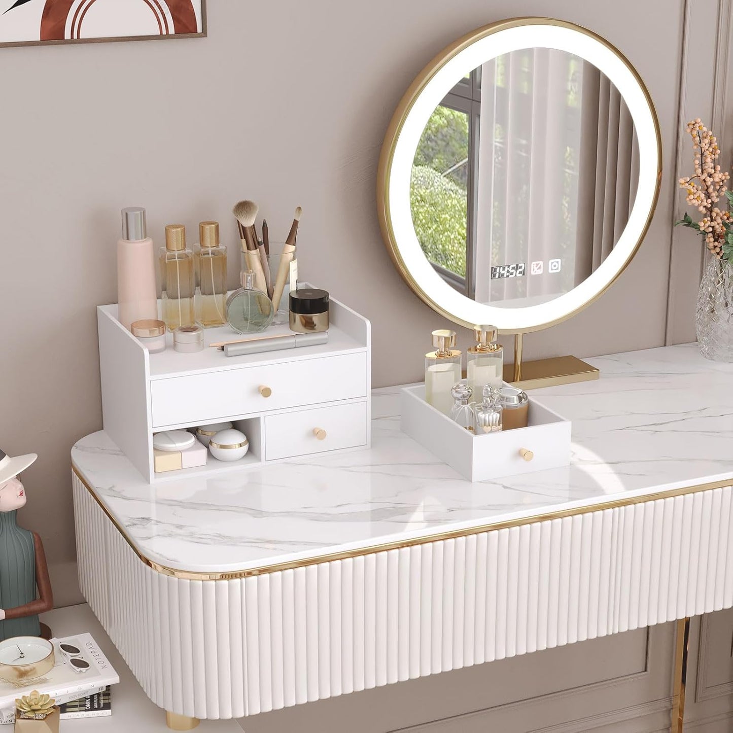 Bamboo Desk Organizer with Drawers Wooden Desktop Storage Organization Box for Bills Office Supplies Kitchen Utensils Organizing Tool for Home Classroom Vanity, No Assembly Required (3 Drawers, White)