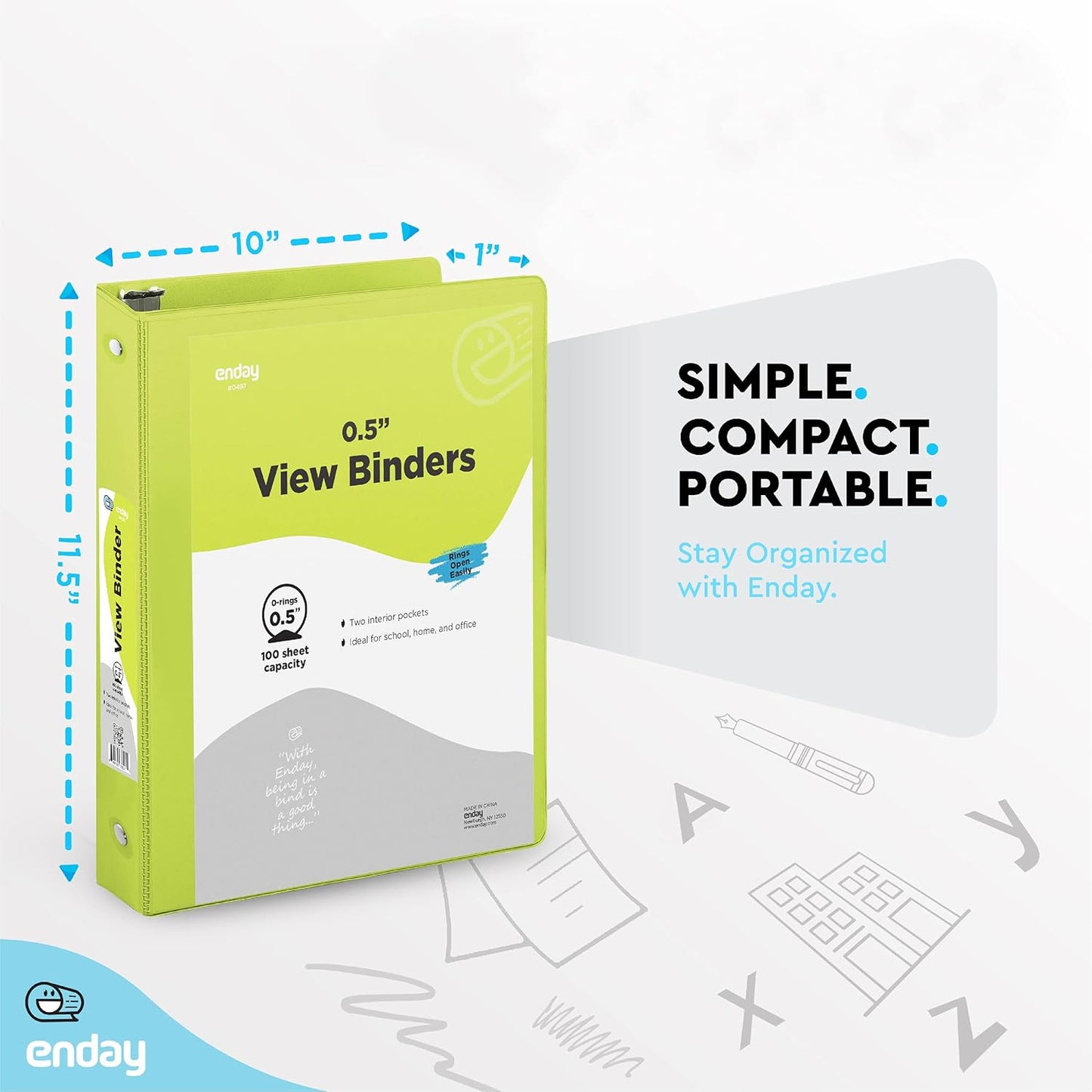 ½ Inch 3 Ring Binder Green, .5 Inch Round Ring Clear View Cover with 2 Inside Pockets Binders, Colored School Supplies Binders, Also Available in Pink, Red, Purple, Blue, and Grey (6 PC) – by Enday
