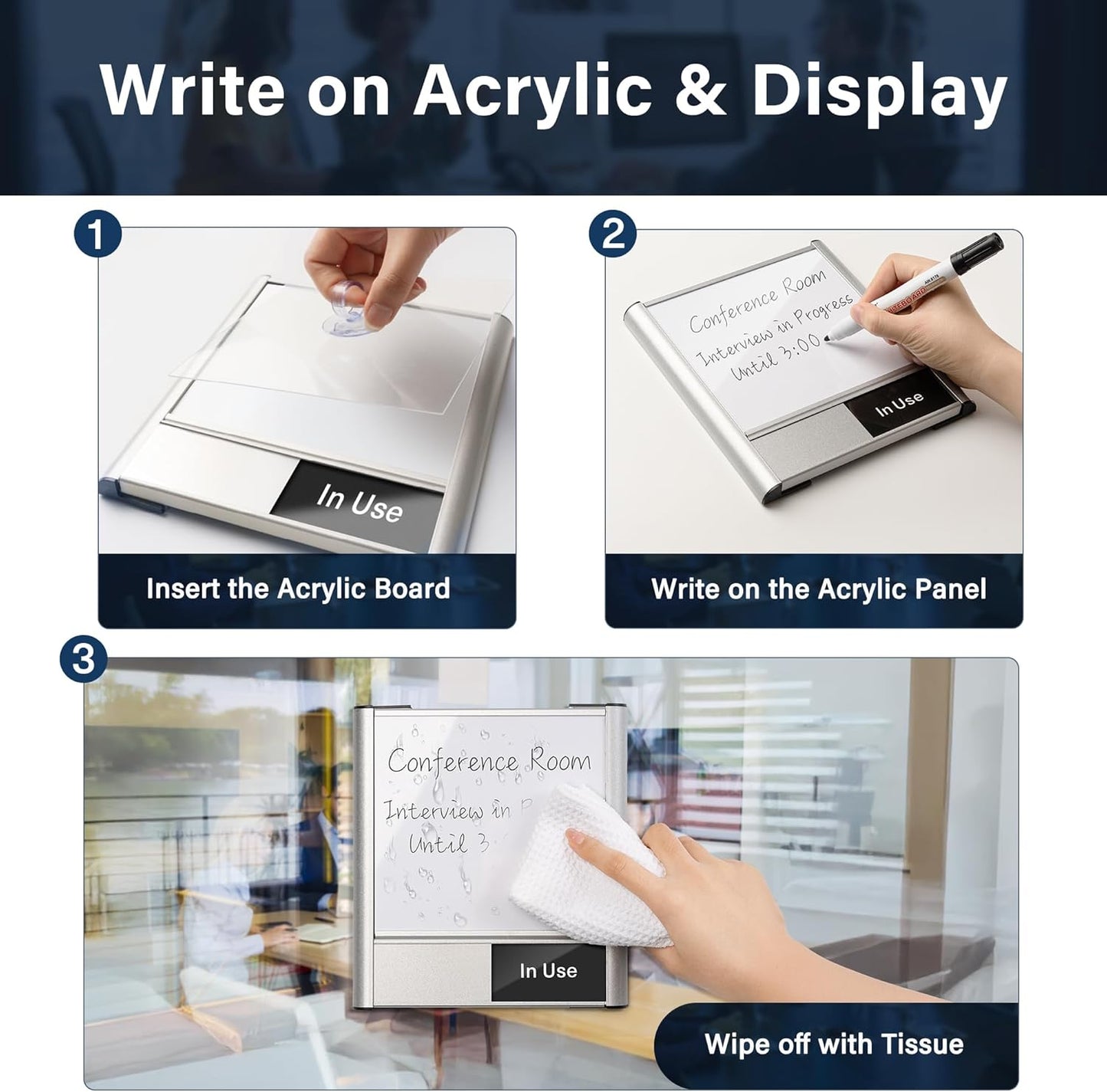 Conference Room Door Sign with Slider – Office Door Sign for Meeting Room, Brushed Silver Writable Whiteboard Panel, DIY Custom Insert, Fingerprint-Resistant, Self-Adhesive Mount, Clear Status Display, Rounded Corners