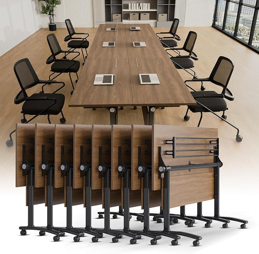 Conference Room Table with Silent Wheels, Mobile Folding Conference Table for 16 Person,Flip Top Office Training Tables with Walnuts Wood Tabletop, for School,Business Meeting Rooms (8Pack 71in)
