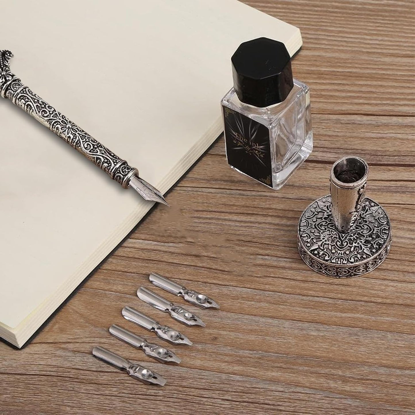 Flylin Retro Feather Pen Set, Calligraphy Fountain Dip Quill Pen, 5 Replacement Nibs, Red Ink, Perfect for Calligraphy