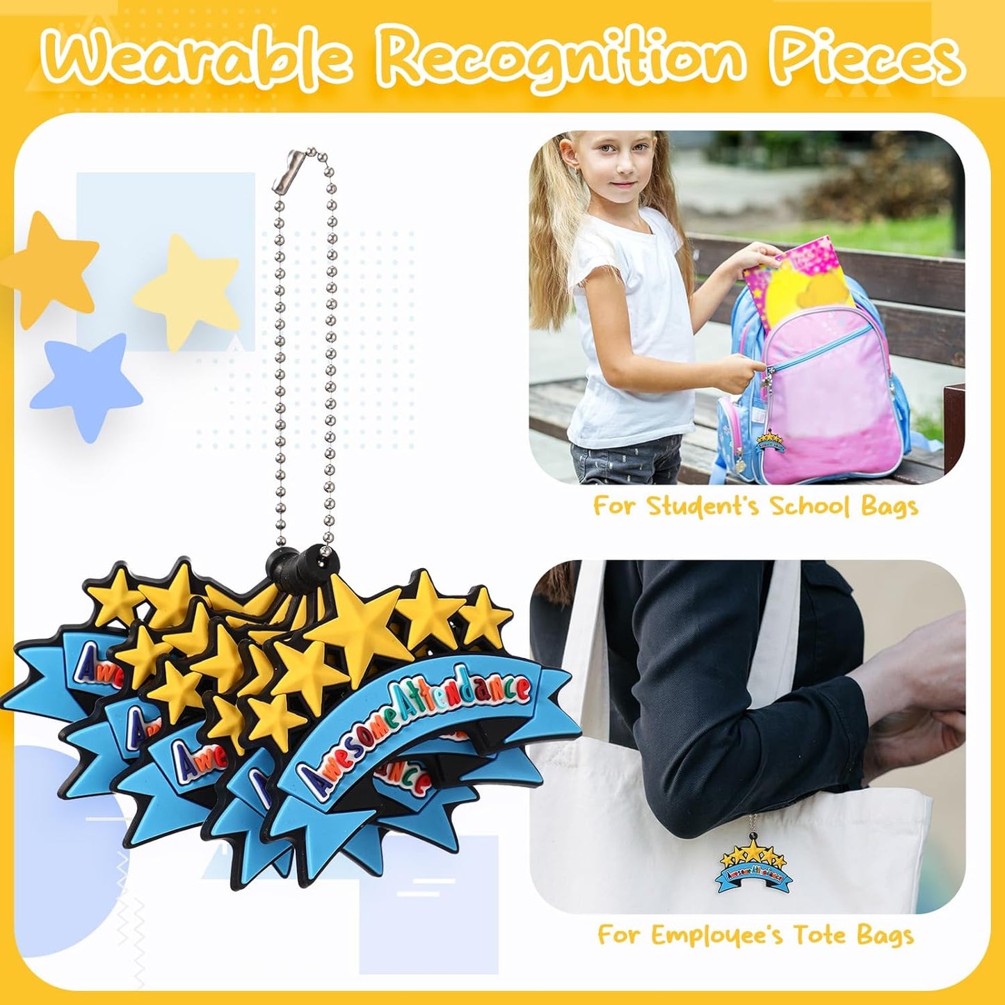 200 Pcs Awesome Attendance Silicone Tags with Chains, Motivational Brag Awards for Students, Classroom Incentives, Teacher Rewards, Reading Competition Prizes, Wearable Encouragement Gifts