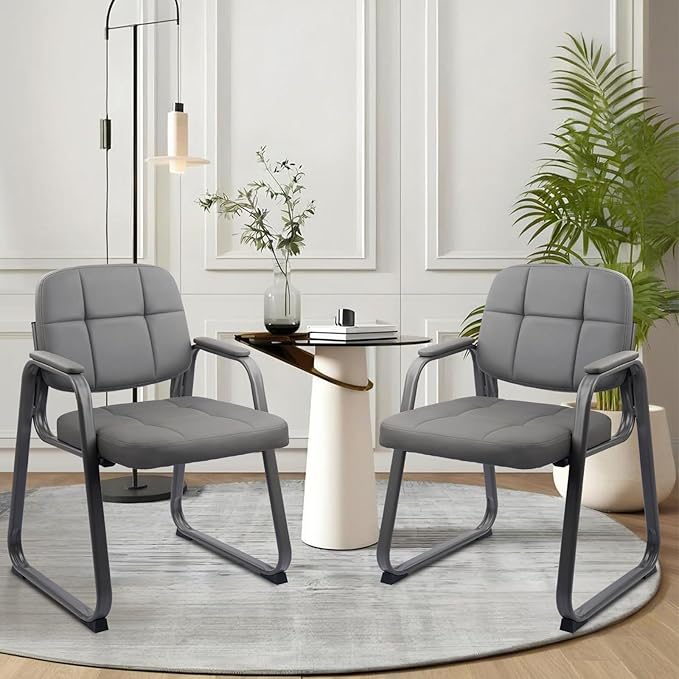 CLATINA Waiting Room Guest Chair with Bonded Leather Padded Arm Rest for Office Reception and Conference Desk Black with Sled Base Grey 1Pack