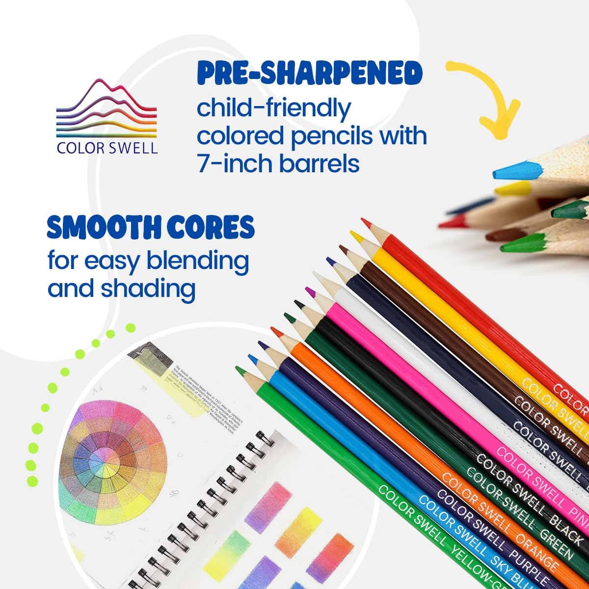 Color Swell Colored Pencil Pack 12 Count Assorted Vibrant Pre-Sharpened Colors Perfect for Kids, Teachers, Classrooms, and All Ages