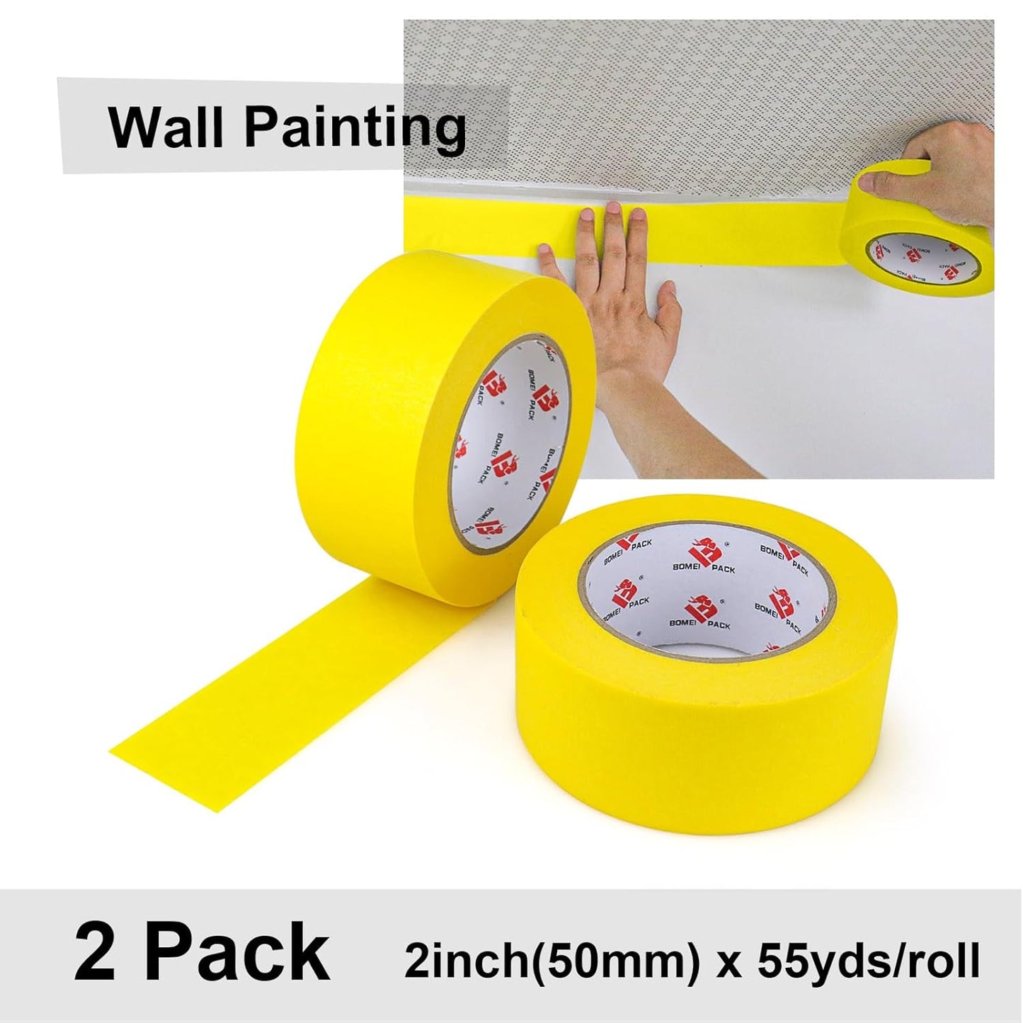 BOMEI PACK Yellow Painters Tape 2 inch Wide, 2 Pack Paint Yellow Masking Tape 2 inch x 55 Yards for Painting, Labeling, DIY Crafting, Decoration and School Projects