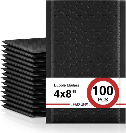 Fuxury Black Bubble Mailers 4x8" 100 Pack Waterproof Padded Envelopes Usable Size 4x7" Self Seal Bubble Envelopes Padded Mailers for Small Business, Envelope Mailers