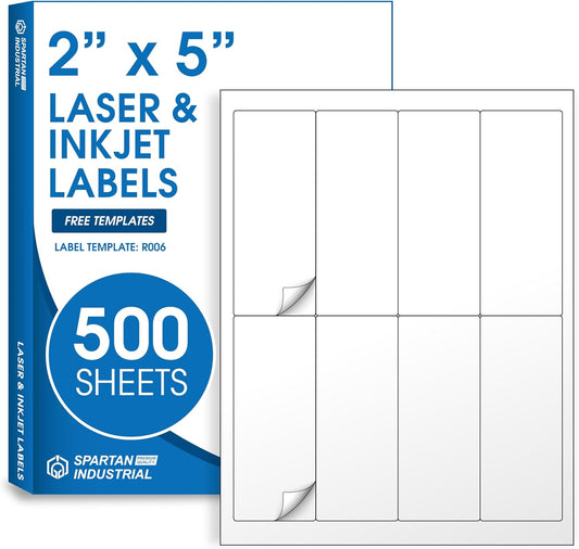 2" X 5" Matte White Shipping Labels Compatible with Inkjet and Laser Printers - 500 Sheets, 4000 Printable Paper Stickers for Mailing, Packages, Addresses - Spartan Industrial