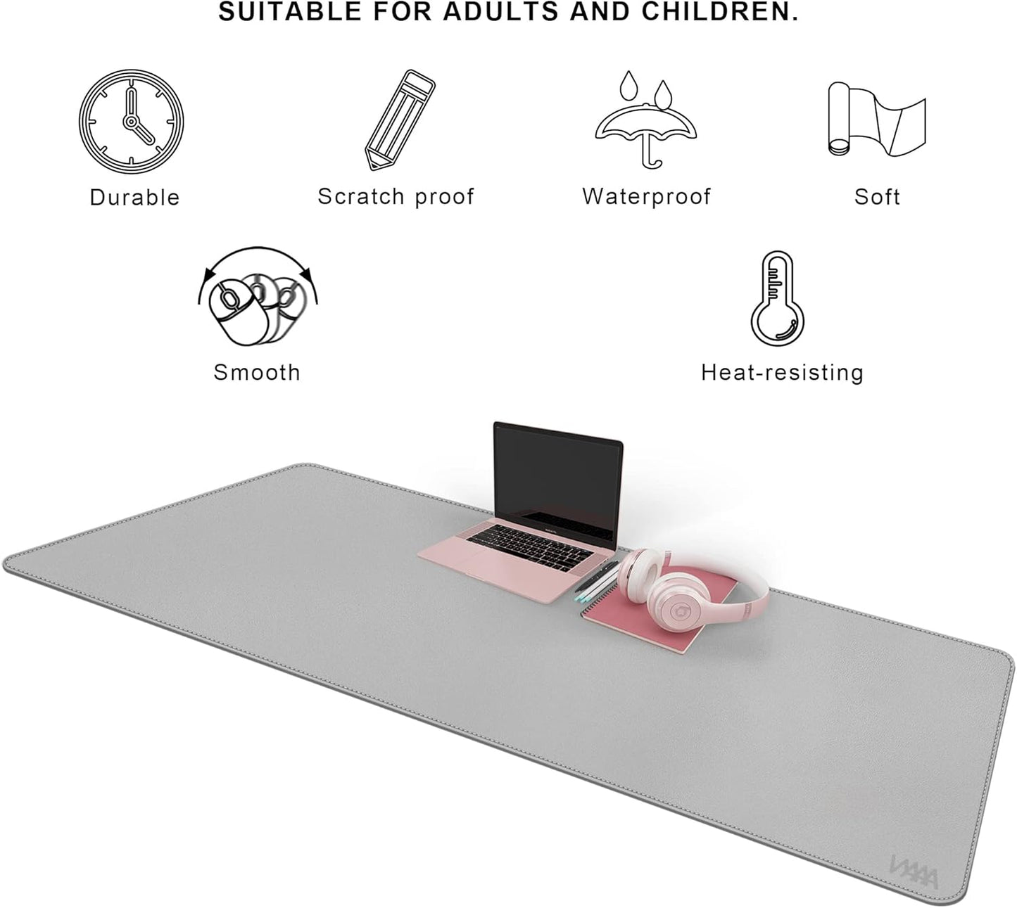 Desk Mat on top of Desks, Vyaaa 63" x 23.6" PU Leather Desk Mat, Large Desk Blotter Pad for Office, Home, Gaming, Computer, Laptop, Keyboard and Mouse - Light Gray