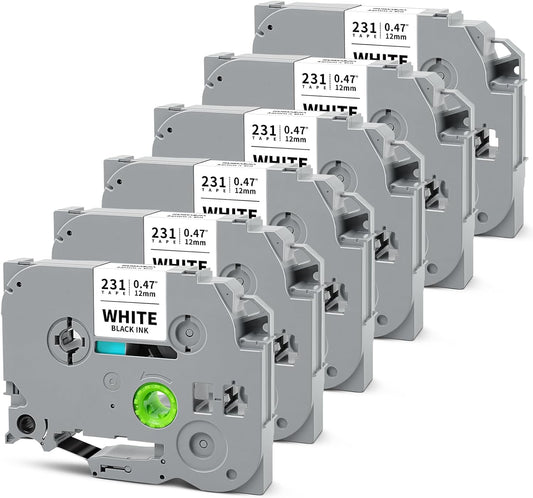 6-Pack 12mm 0.47" Black on White Label Tape Compatible for Brother Tze-231 PTouch 12mm 0.47" White Tze Tz Tape 12mm 1/2" Label Maker Tape for PT-D220 PT-D210 PT-D200 PT2430 PT1890 PT-D610BT