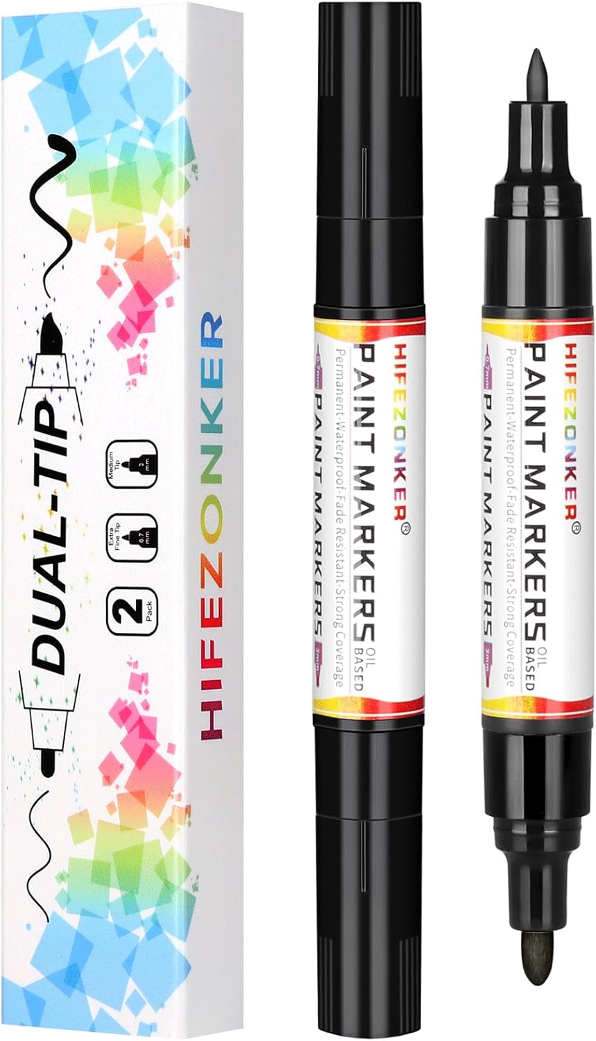 Black Paint Pen Black Paint Marker - 2 Pack Dual Tip Oil Based Black Permanent Markers,Extra Fine Tip & Medium Fine Tip(0.7mm & 3mm),Quick Drying, Waterproof, Marker Pen for Fabric (2 Black)