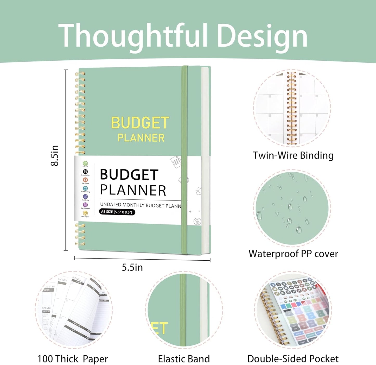 Budget Planner-Monthly Budget Book with Expense Tracker Notebook/Accounting Book, A5 Monthly Financial Organizer Planner, Manage Your Money Effectively, Start Anytime, 1 Year Use, Green