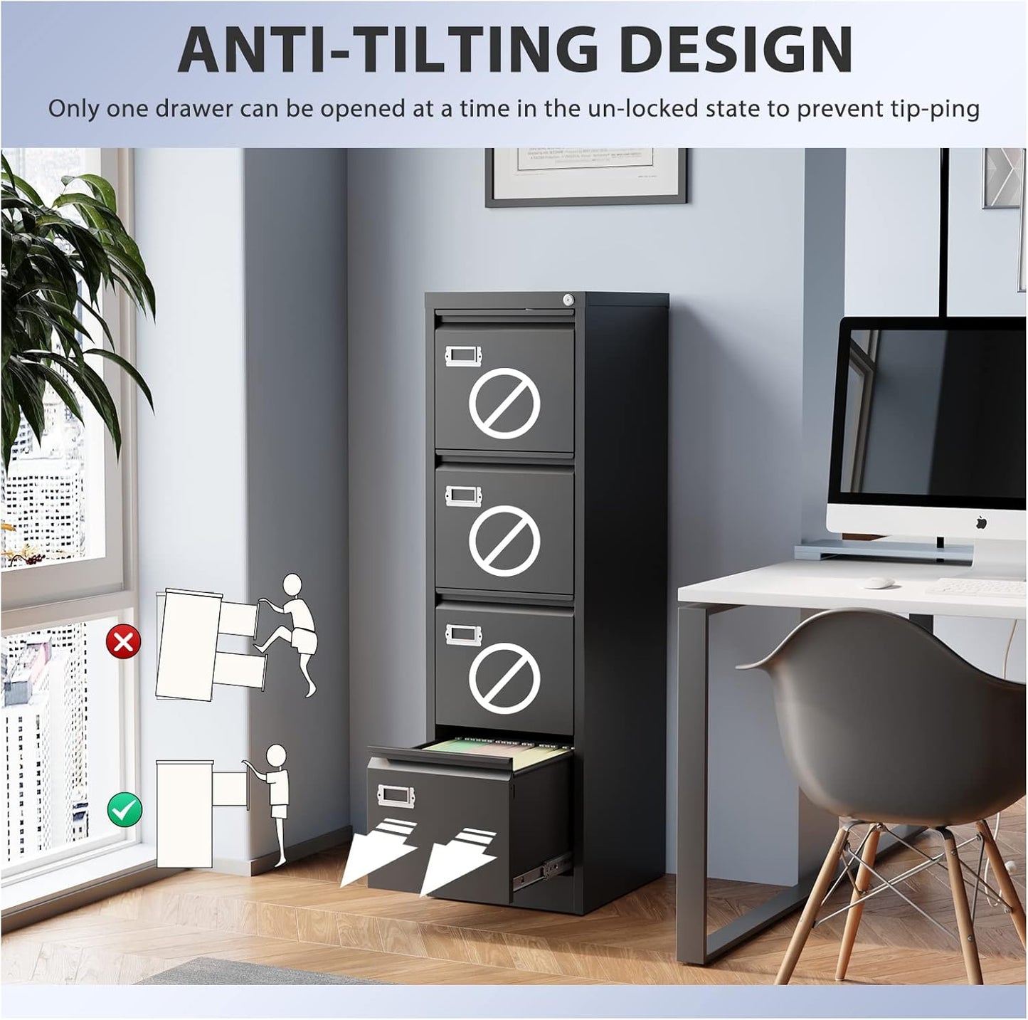 4 Drawer File Cabinet, Filing Cabinets for Home Office, Metal Vertical File Storage Cabinet with Lock, Locking File Cabinet for A4 Legal/Letter, 15" W x 17.7" D x 50.1" H, Assembly Required