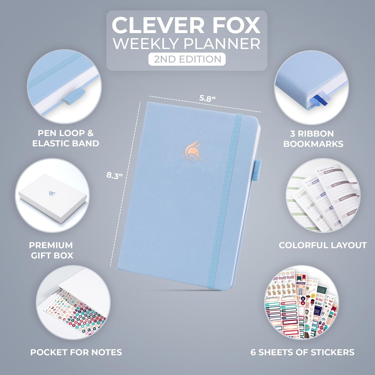 Clever Fox Planner 2nd Edition – Colorful Weekly & Monthly Goal Planner, Time Management & Productivity Organizer, Undated, A5 (Periwinkle)