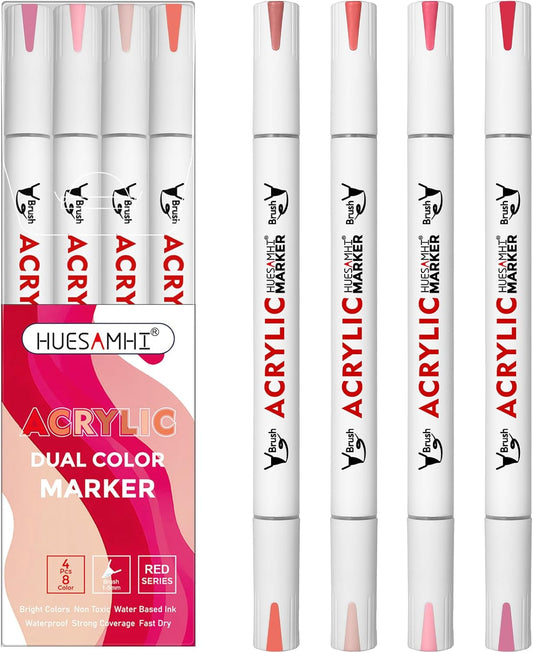 Dual Tip Brush Markers, 4 Pack Double Ended Acrylic Paint Pens - Permanent Water-Based for Rock Painting, Wood, Metal, Ceramic, Glass, Crafts & Kids Art Assorted Colors