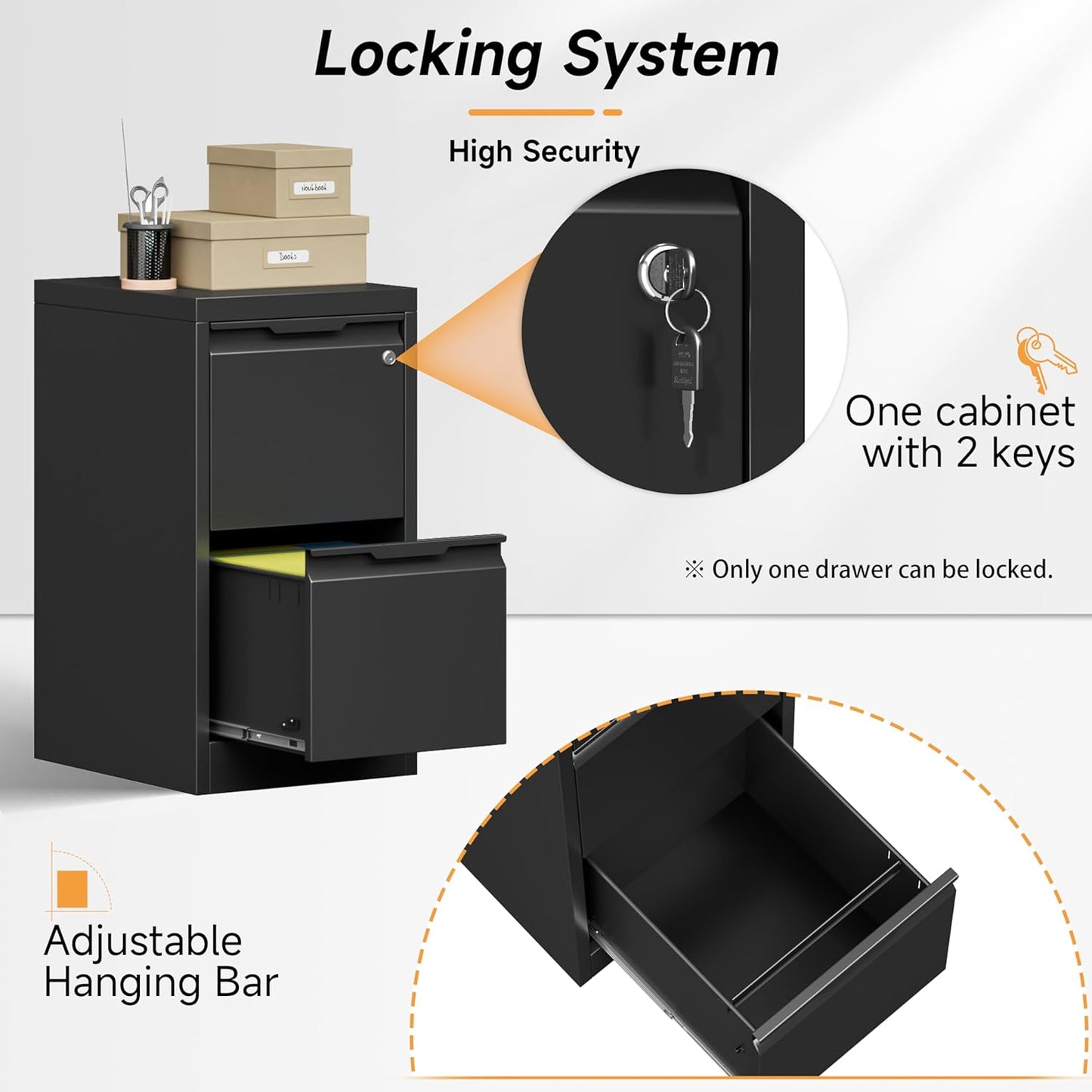 2 Drawer File Cabinet, 17.8" Deep Filing Cabinet for Home Office, Metal Vertical File Cabinet with Lock for Letter/Legal/A4/F4 Size, Easy Assemble (Black)