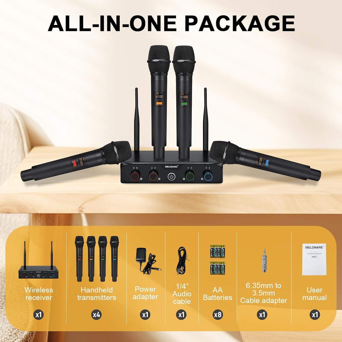 4-Channel Wireless Microphone System, UHF Compact Cordless Mic Set w/ 4x10 Frequencies, 200ft Range, Dynamic Handheld Microphone for Singing, Karaoke, Church, DJ, Wedding (MWM-41-4H)