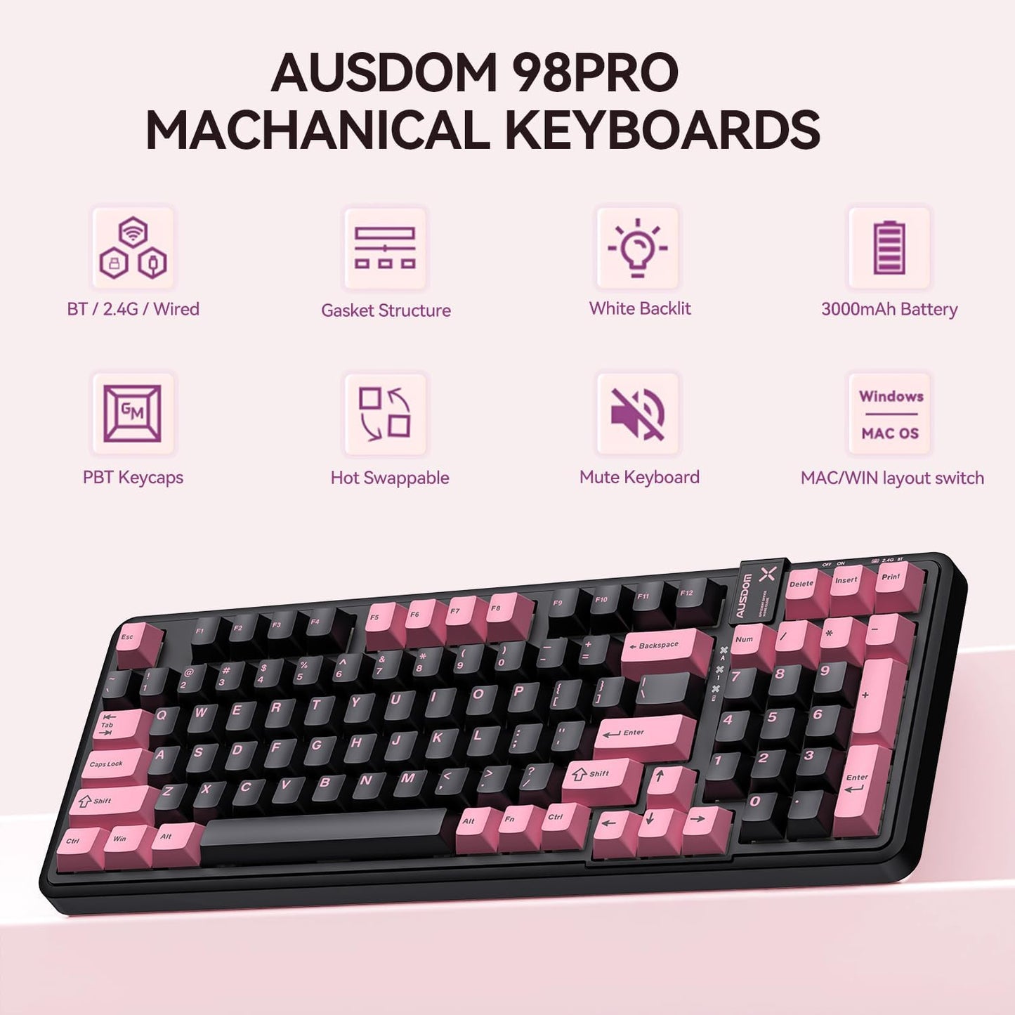 AUSDOM 98Pro Silent Wireless Mechanical Keyboard, Tri-Mode BT/2.4G/USB-C Hot Swappable Custom Quiet Keyboard with Backlit, Gasket Structure, PBT Keycaps, Pre-lubed Tactile Switches(Black Pink 97keys)