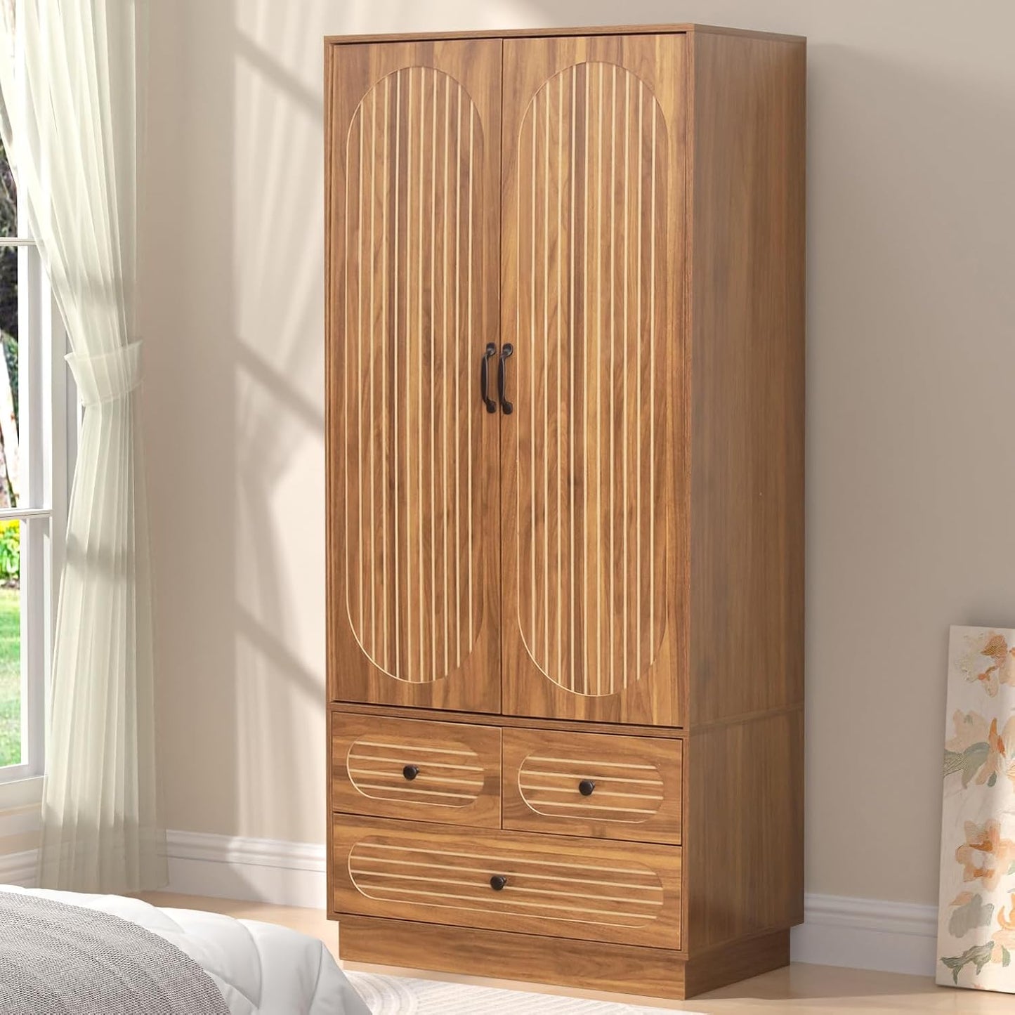 Armoire Wardrobe Closet with Doors, Wardrobe Cabinet with 3 Drawers, Wooden Large Clothing Storage Cabinet with Hanging Rod and Shelf, Mid-Century Modern Tall Closet for Bedroom, Walnut