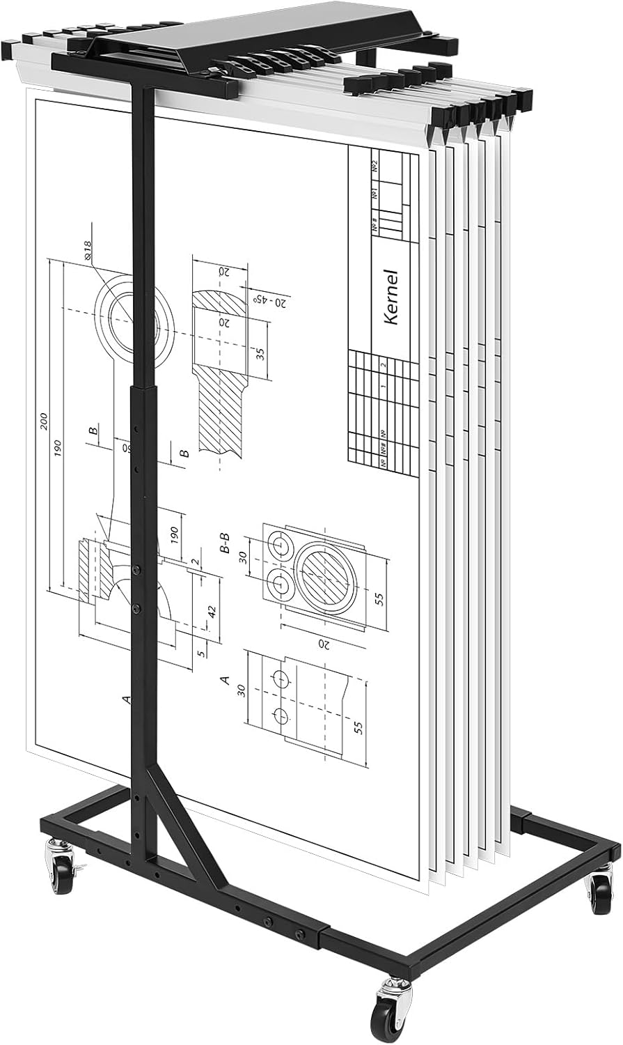 Estune Mobile Blueprint Storage Rack 18"- 42" Adjustable Mobile Blueprint Holder with 4 Wheels Fits 20 Clamps for File Display Plan Office Home ( Not Included Hanging Clamps)