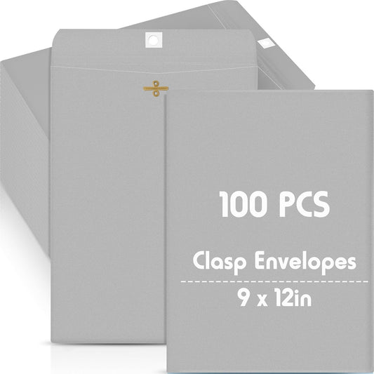 Geyee 100 Pcs Clasp Manilla Envelopes 9 x 12 Inch Gummed Colored Envelopes for Storing or Mailing for Home Office Business Supplies(Grey)