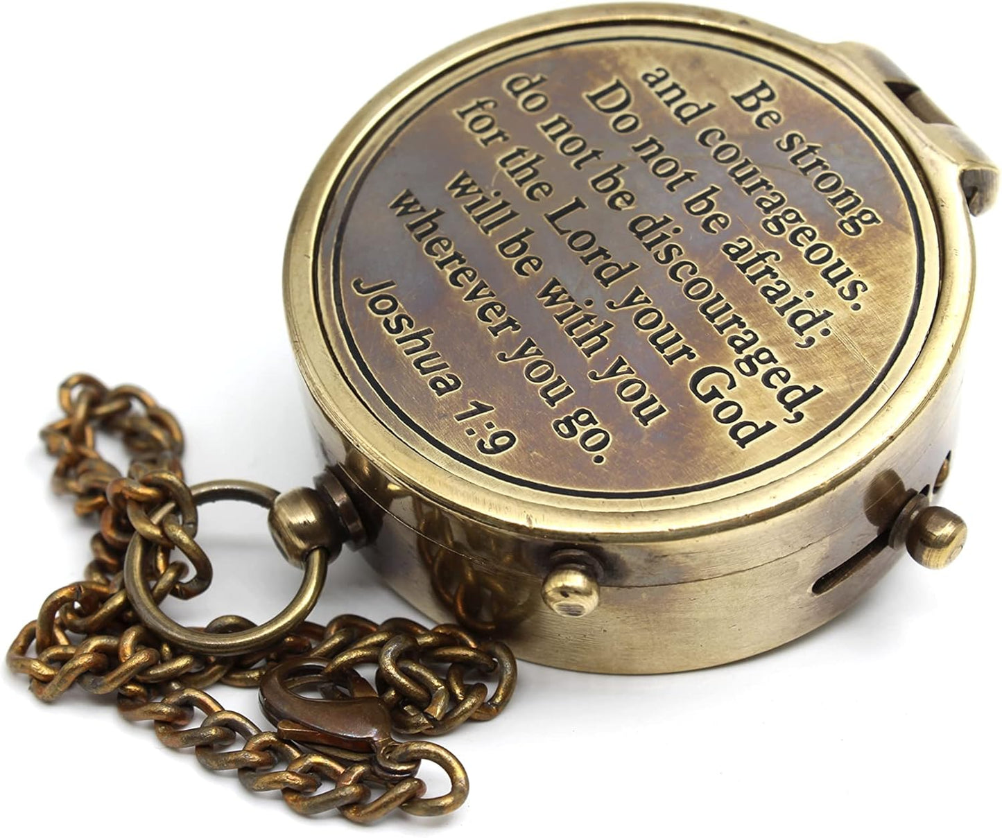 Be Strong and Courageous Compass – Antique Nautical Magnetic Compass with Engraved Scripture Quote – Baptism Gift with Wooden Box for Son, Father, Husband, Loved One