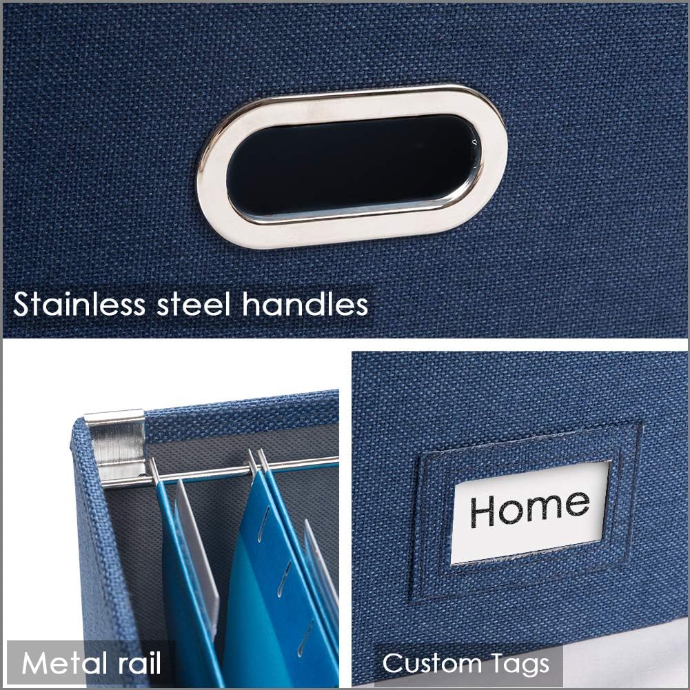 PRANDOM File Organizer Box - Set of 2 Collapsible Decorative Linen Filing Storage Hanging File Folders with Lids Office Cabinet Letter/Legal Size Navy Blue (17x14x11.2 inch)