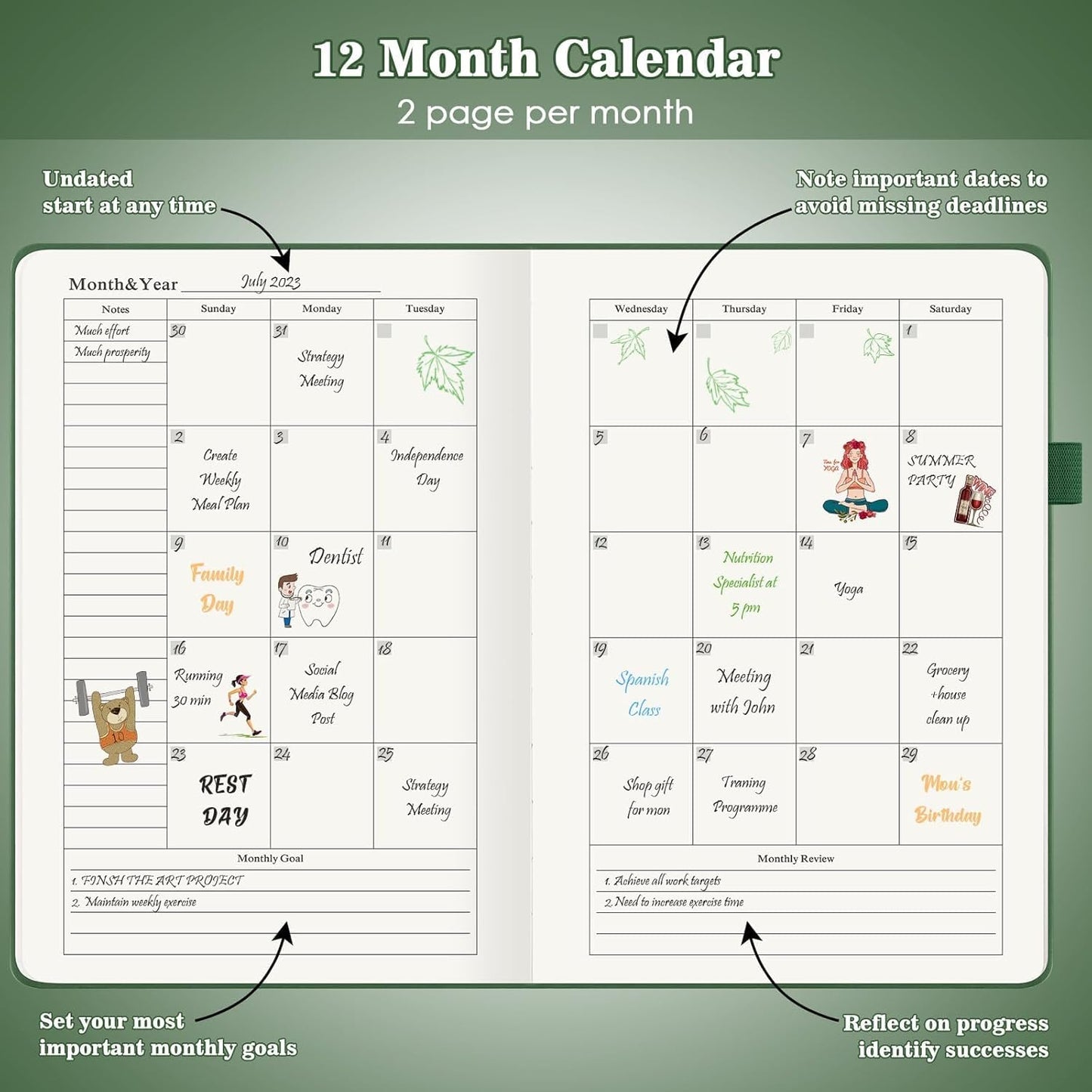 Asten Planner, Undated Daily Planner with To Do List, 365 Days Planner for ADHD Adult, Agenda for, Hourly Planner Notebook for Goal Setting, Productivity Planner with Calendar, 8.3'' x 5.8'' (Green)
