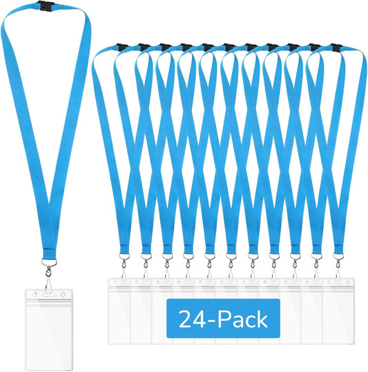 24-Pack Sky Blue Breakaway Lanyards with Waterproof Badge Holders, Metal Hook, Polyester Neck Straps for ID Cards, Events, Office, and Schools