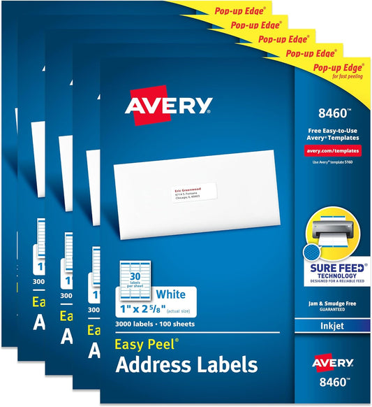 Avery Easy Peel Printable Address Labels with Sure Feed, 1" x 2-5/8" Customizable Stickers, White, 3,000 Blank Mailing Labels per Pack, Great for Mailing, Shipping, and More (5-Pack of 8460)