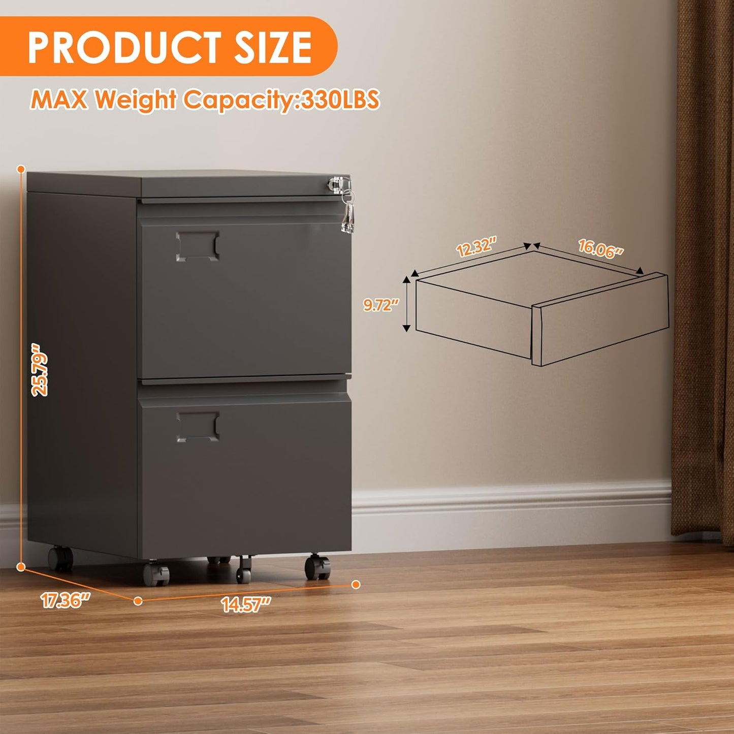 Aobabo Metal 2 Drawer Office File Cabinet with Lock, Under Desk Office Steel Files Cabinet on Wheels, 25.6''H Legal/Letter A4 Size, Assembly Required, Black