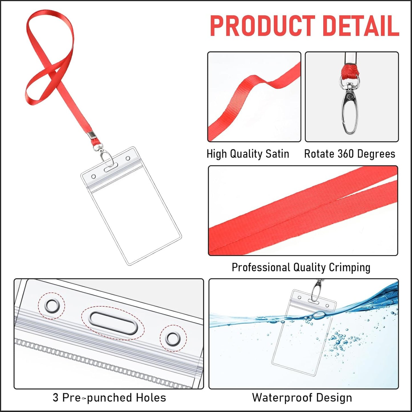 Fumete 100 Sets Name Tag Lanyards with ID Badge Holder Durable Clear Cruise Teacher Lanyards with Plastic Waterproof ID Badge Holders Bulk for Adults Teacher School Office Ship Cards(Red)