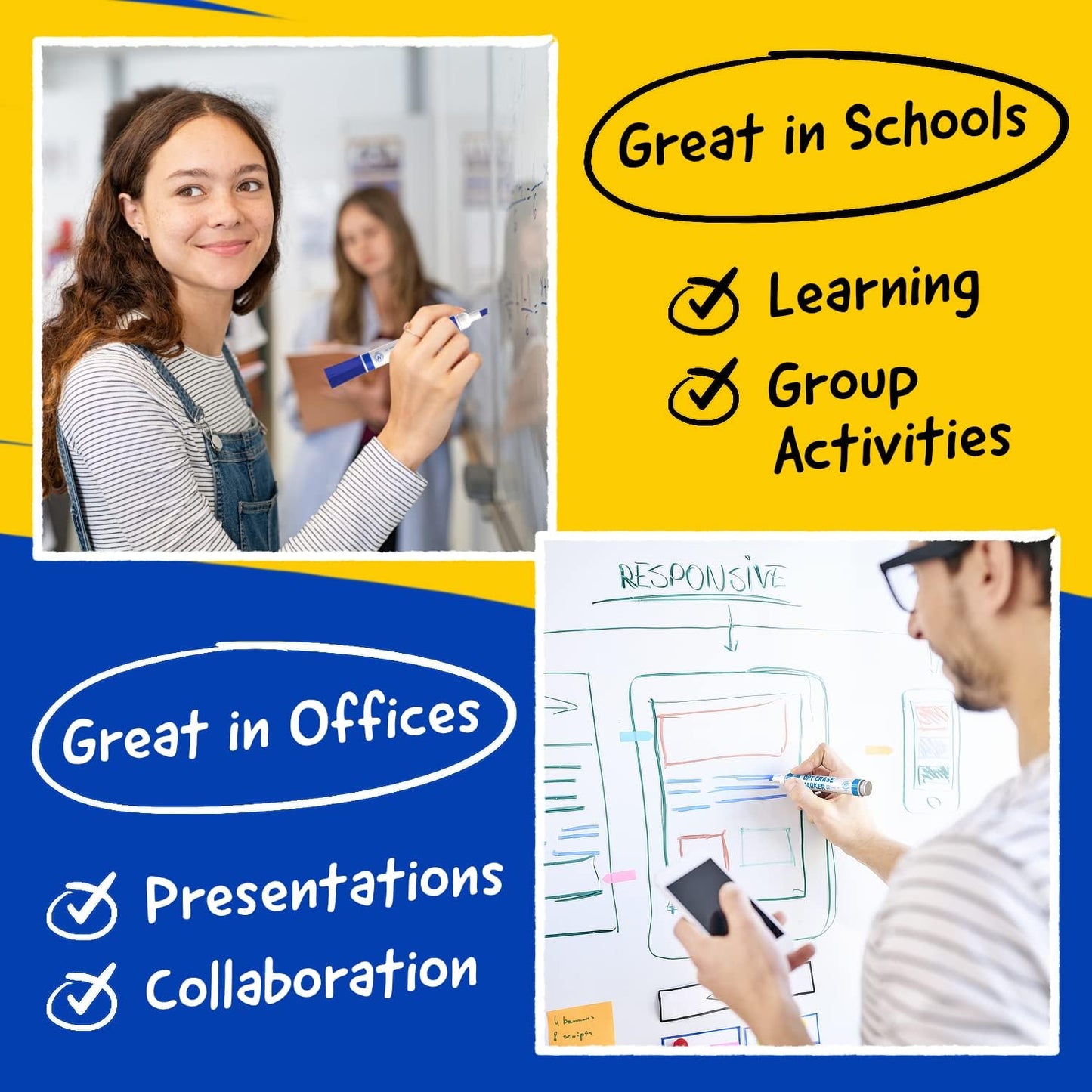 Chalkola 60 Blue Dry Erase Markers Bulk Pack, Blue Chisel Point White Dry Erase Pens - Low Odor Whiteboard Markers for Kids, Home, Office, Back to School Supplies