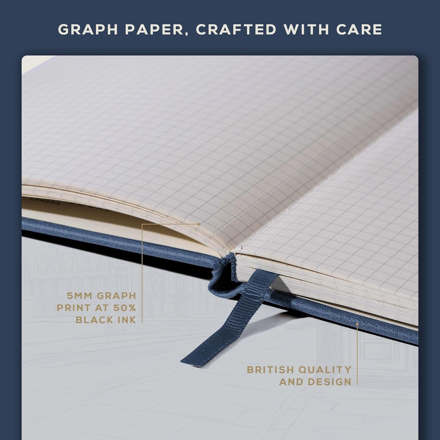 BEECHMORE BOOKS Graph Paper Notebook - Regular, Navy | Premium Square Grid Math & Science Journal | 5.75" x 8.25" Hardcover Vegan Leather | Thick 120gsm Cream Graph Paper | Gift Box for Men & Women
