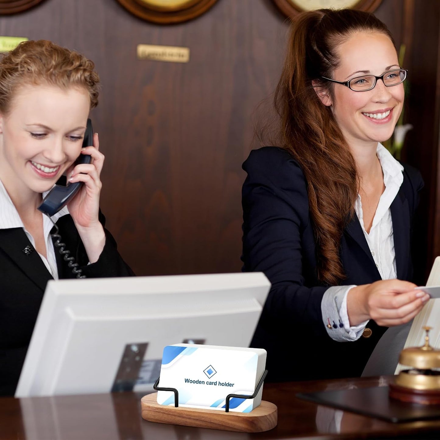 Amyhill 2 Pieces Wood Business Card Holder for Desk Wooden Business Card Display Stand Postcard Holder for Office Home Desktop(Wood Color)