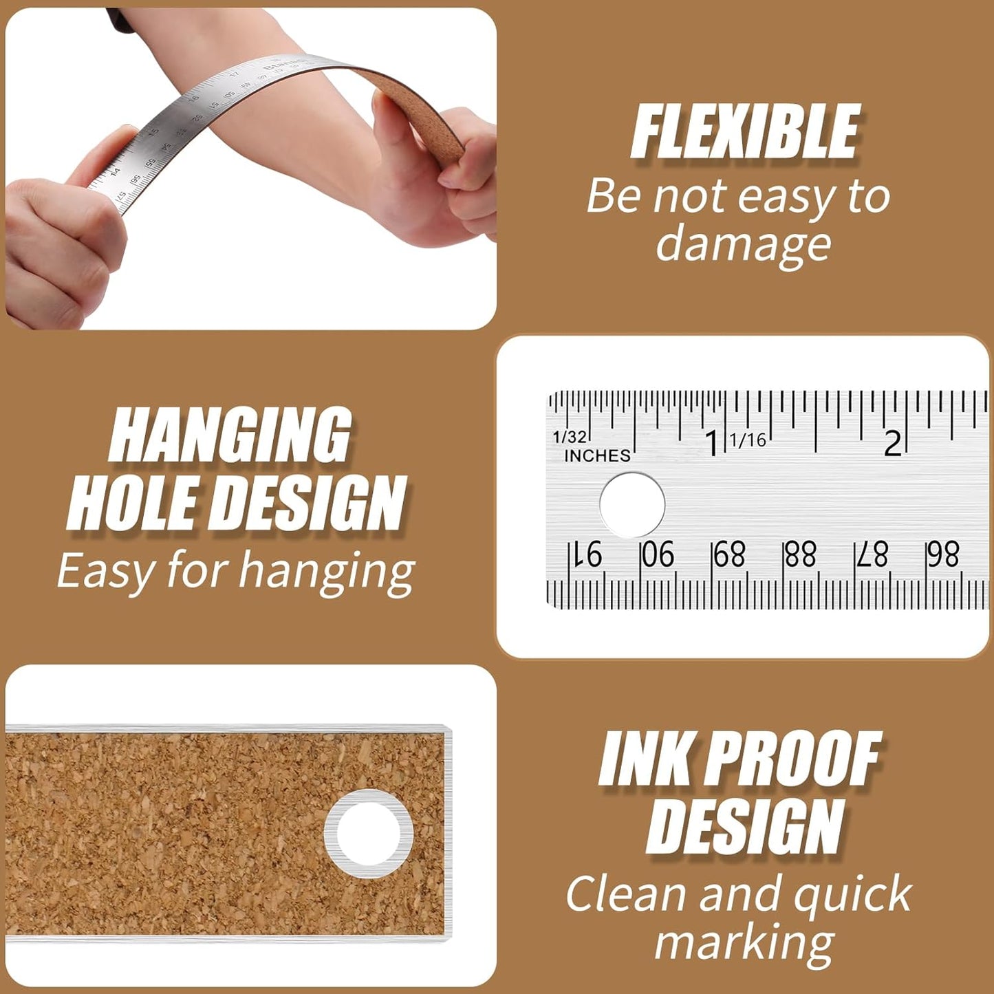 36 Inch Metal Ruler, Stainless Steel Straight Edge Ruler with Cork Backing, Non-Slip Imperial & Metric Measuring Tool for School, Office, Woodworking, Drafting