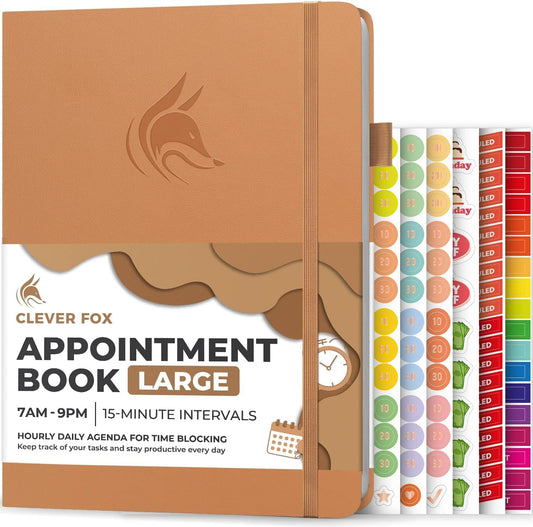 Clever Fox Appointment Book – Hourly Schedule Planner with 15-Minute Increments – Time Box Planner for Daily Work & To-Dos – Weekly & Monthly Spreads, Undated, Hardcover, 8.3x11″ (Sandstone)