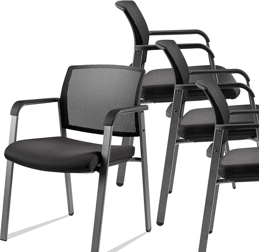 CLATINA Mesh Back Stacking Arm Chairs with Upholstered Fabric Seat and Ergonomic Lumber Support for Office School Church Guest Reception Black 4 Pack Set New Version