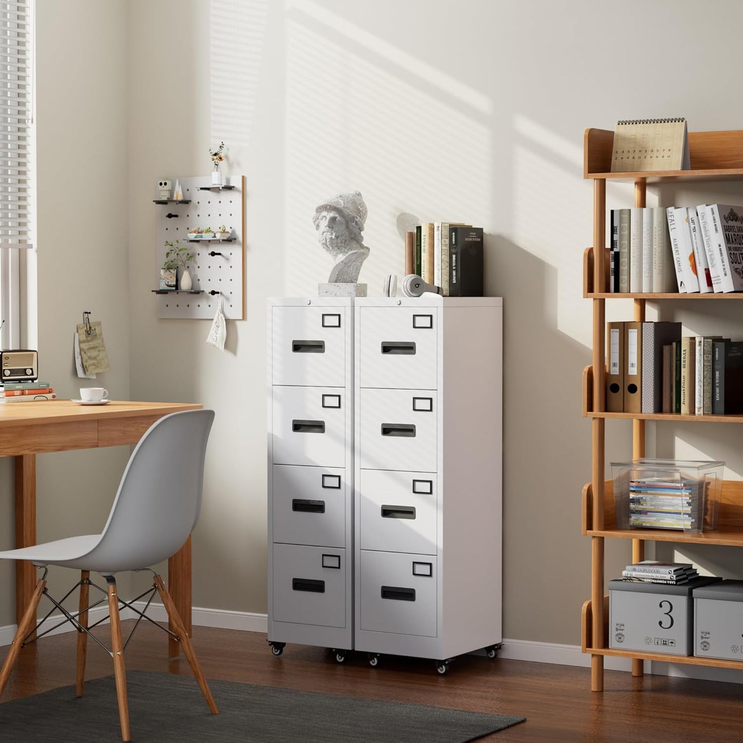 METAN 4 Drawer Vertical File Cabinet on Wheels, Lockable Office Files Storage Cabinet with Handle and Name Card,Mobile Storage Cabinet for Office and Home,Assembly Required,White