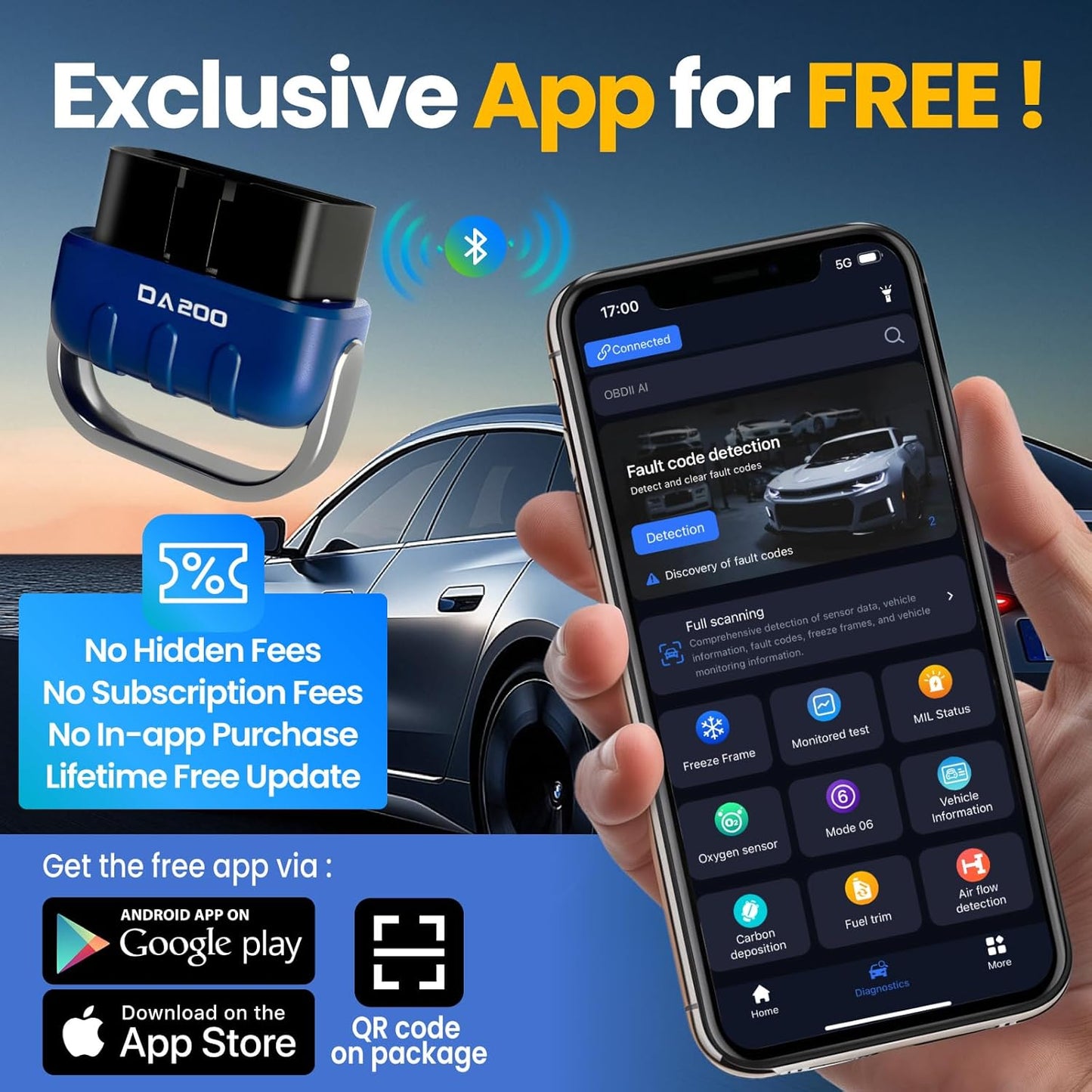 Bluetooth OBD2 Scanner Diagnostic Tool with AI Repair Guides, Wireless OBDII Scan Tool w/Battery Test & Live Data Readiness, Check Engine Light Car Code Reader for iOS & Android w/Free APP